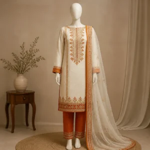 Ivory and burnt orange festive suit from Amina Boutique